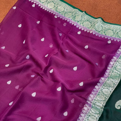 100% Pure Banarasi Khaddi Chiffon Silver Zari Kadwa Buti Handloom Saree Megenta With Bottle Green Colour