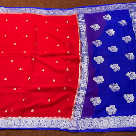 100% Pure Banarasi Khaddi Chiffon Silver Zari Kadwa Buti Handloom Saree Red With Royal Blue Colour