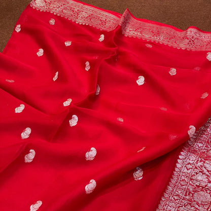 100% Pure Banarasi Khaddi Chiffon Silver Zari Kadwa Buti Handloom Saree Full Red