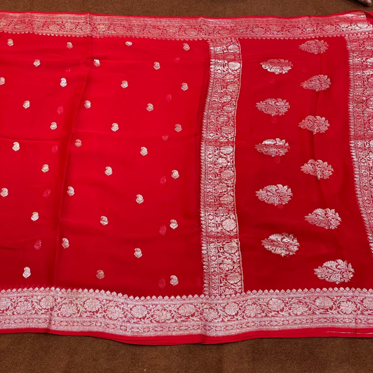 100% Pure Banarasi Khaddi Chiffon Silver Zari Kadwa Buti Handloom Saree Full Red