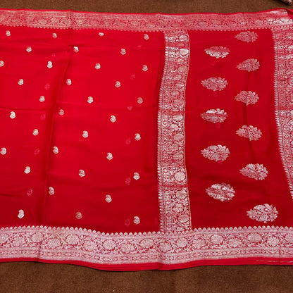 100% Pure Banarasi Khaddi Chiffon Silver Zari Kadwa Buti Handloom Saree Full Red
