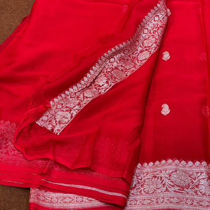 100% Pure Banarasi Khaddi Chiffon Silver Zari Kadwa Buti Handloom Saree Full Red