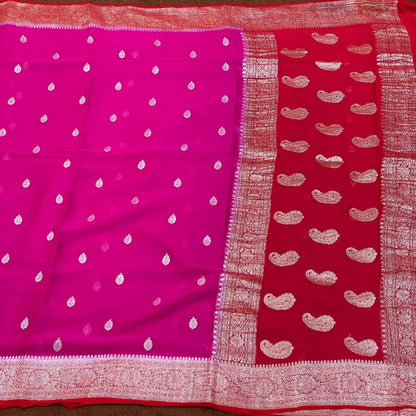100% Pure Banarasi Khaddi Chiffon Silver Zari Kadwa Buti Handloom Saree Rani Pink With Red Colour