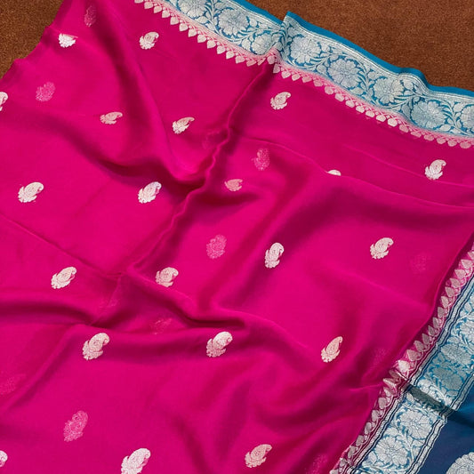 100% Pure Banarasi Khaddi Chiffon Silver Zari Kadwa Buti Handloom Saree Rani Pink With Rama Green