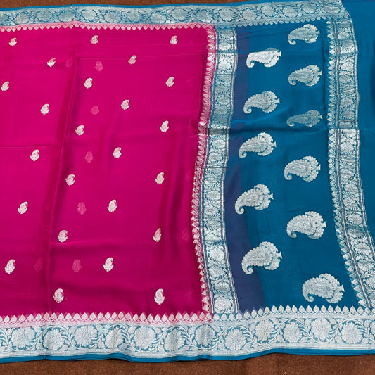 100% Pure Banarasi Khaddi Chiffon Silver Zari Kadwa Buti Handloom Saree Rani Pink With Rama Green