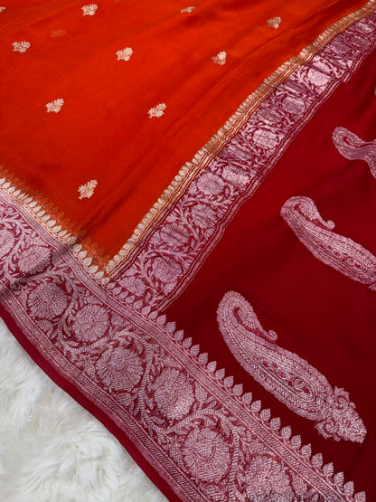 100% Pure Banarasi Khaddi Chiffon Silver Zari Kadwa Buti Handloom Rust Orange with Red Color