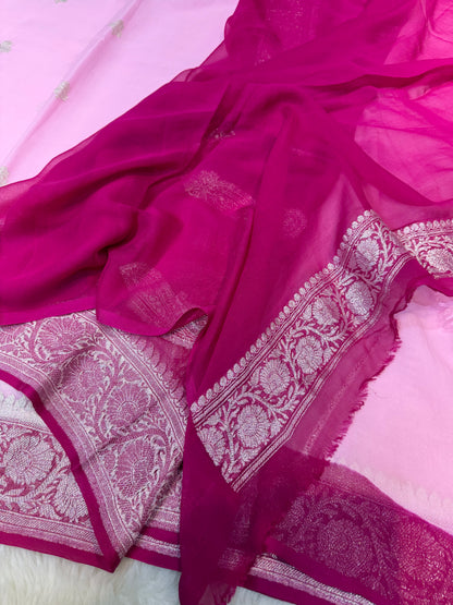 100% Pure Banarasi Khaddi Chiffon Silver Zari Kadwa Buti Handloom Baby Pink With Rani Color