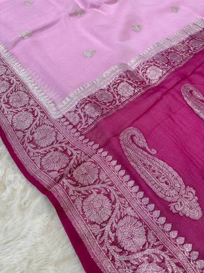 100% Pure Banarasi Khaddi Chiffon Silver Zari Kadwa Buti Handloom Baby Pink With Rani Color