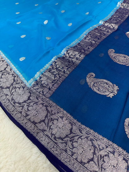 100% Pure Banarasi Khaddi Chiffon Silver Zari Kadwa Buti Handloom Indigo with Firozi Color
