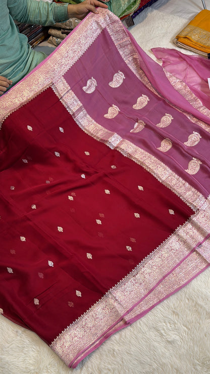 100% Pure Banarasi Khaddi Chiffon Silver Zari Kadwa Buti Handloom Maroon with Onion pink Color