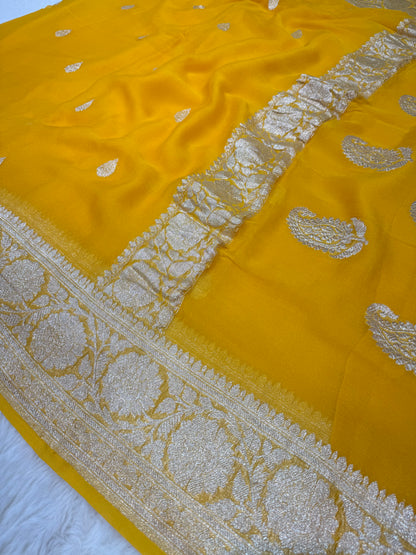 100% Pure Banarasi Khaddi Chiffon Silver Zari Kadwa Buti Handloom Mango Yellow Color