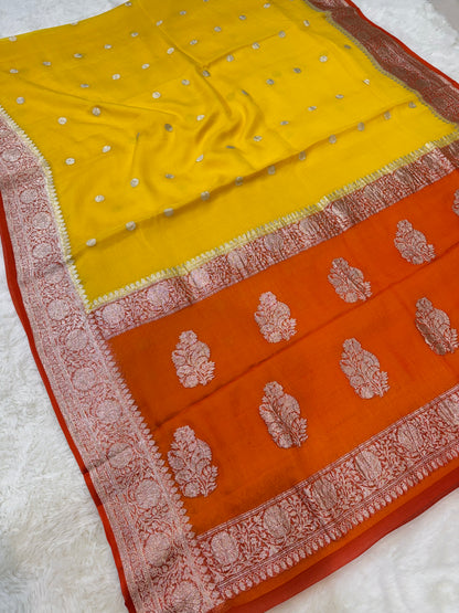 100% Pure Banarasi Khaddi Chiffon Silver Zari Kadwa Buti Handloom Yellow with Orange Color