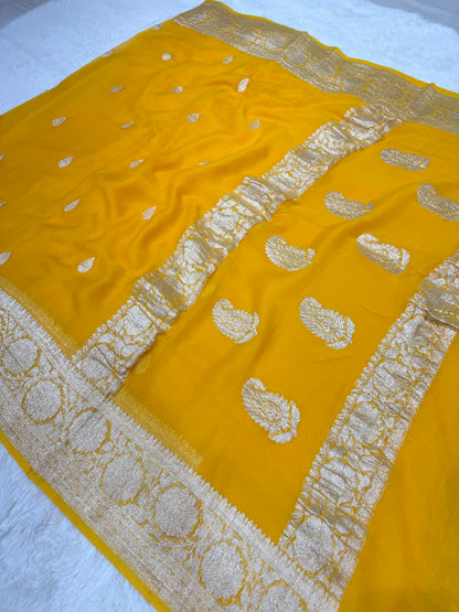 100% Pure Banarasi Khaddi Chiffon Silver Zari Kadwa Buti Handloom Mango Yellow Color