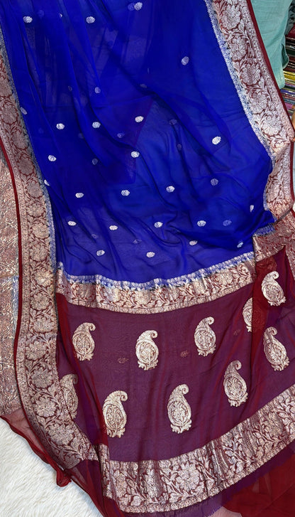 100% Pure Banarasi Khaddi Chiffon Silver Zari Kadwa Buti Handloom Royal Blue with Maroon Color