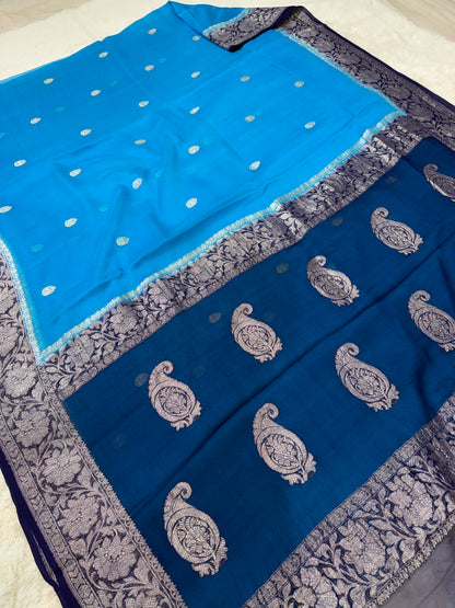 100% Pure Banarasi Khaddi Chiffon Silver Zari Kadwa Buti Handloom Indigo with Firozi Color