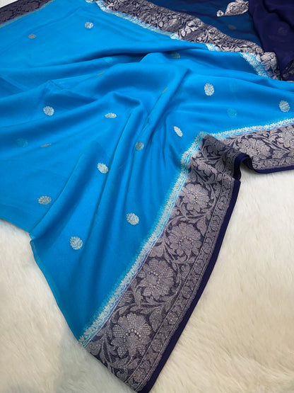 100% Pure Banarasi Khaddi Chiffon Silver Zari Kadwa Buti Handloom Indigo with Firozi Color