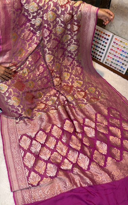 Rangkat X Minakari Original Platinum Zari Pure Khaddi Georgette Double Zari Saree