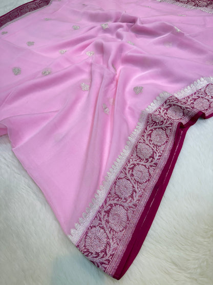 100% Pure Banarasi Khaddi Chiffon Silver Zari Kadwa Buti Handloom Baby Pink With Rani Color