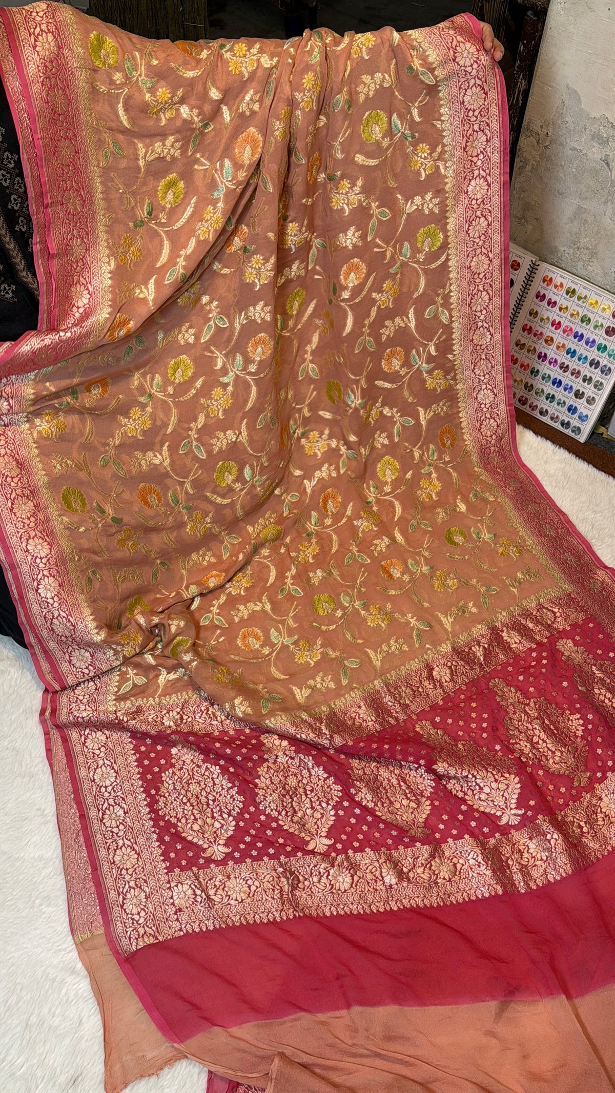 Rangkat X Minakari Original Platinum Zari Pure Khaddi Georgette Double Zari Saree