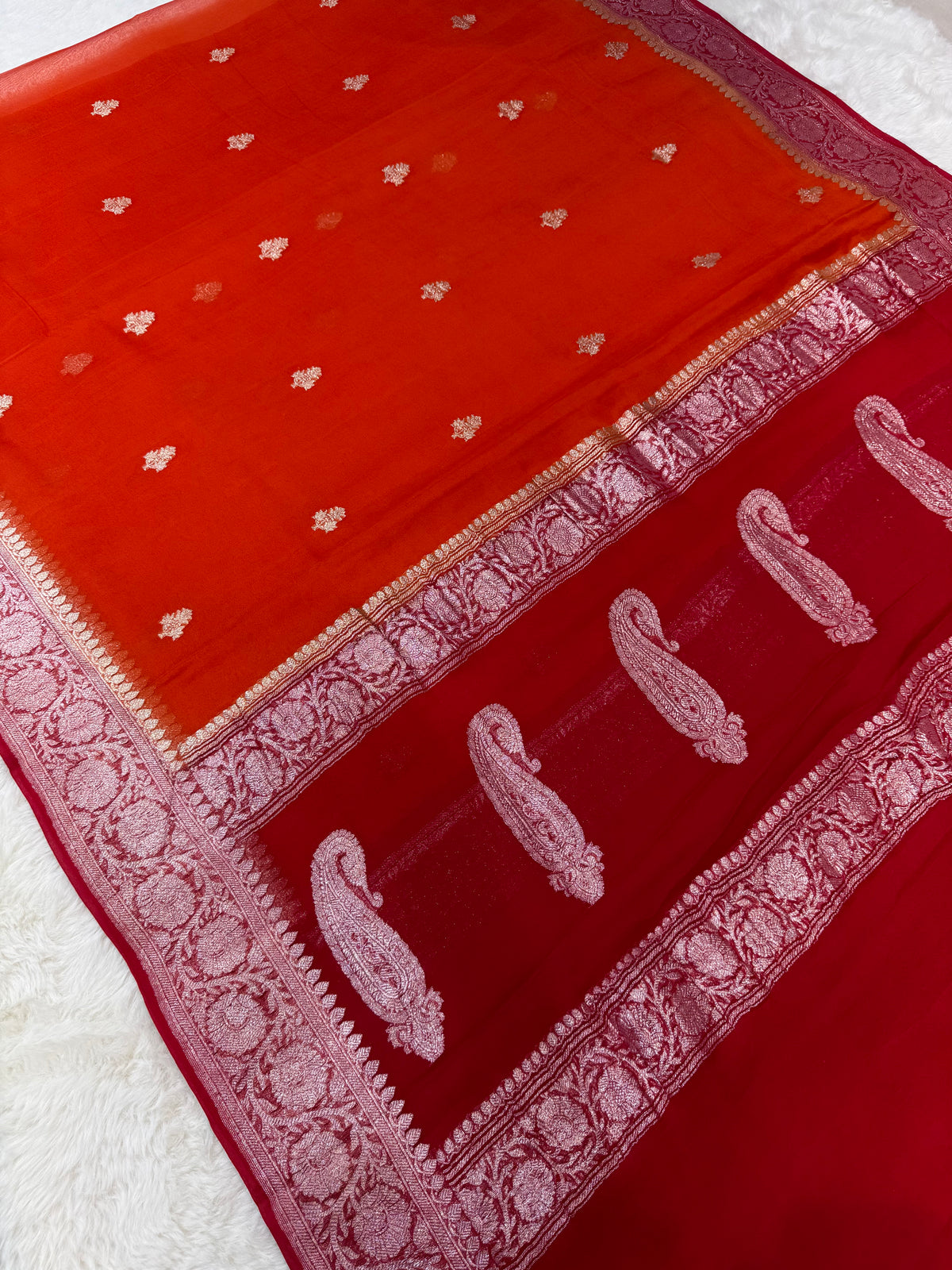 100% Pure Banarasi Khaddi Chiffon Silver Zari Kadwa Buti Handloom Rust Orange with Red Color