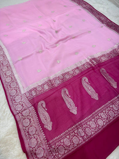 100% Pure Banarasi Khaddi Chiffon Silver Zari Kadwa Buti Handloom Baby Pink With Rani Color