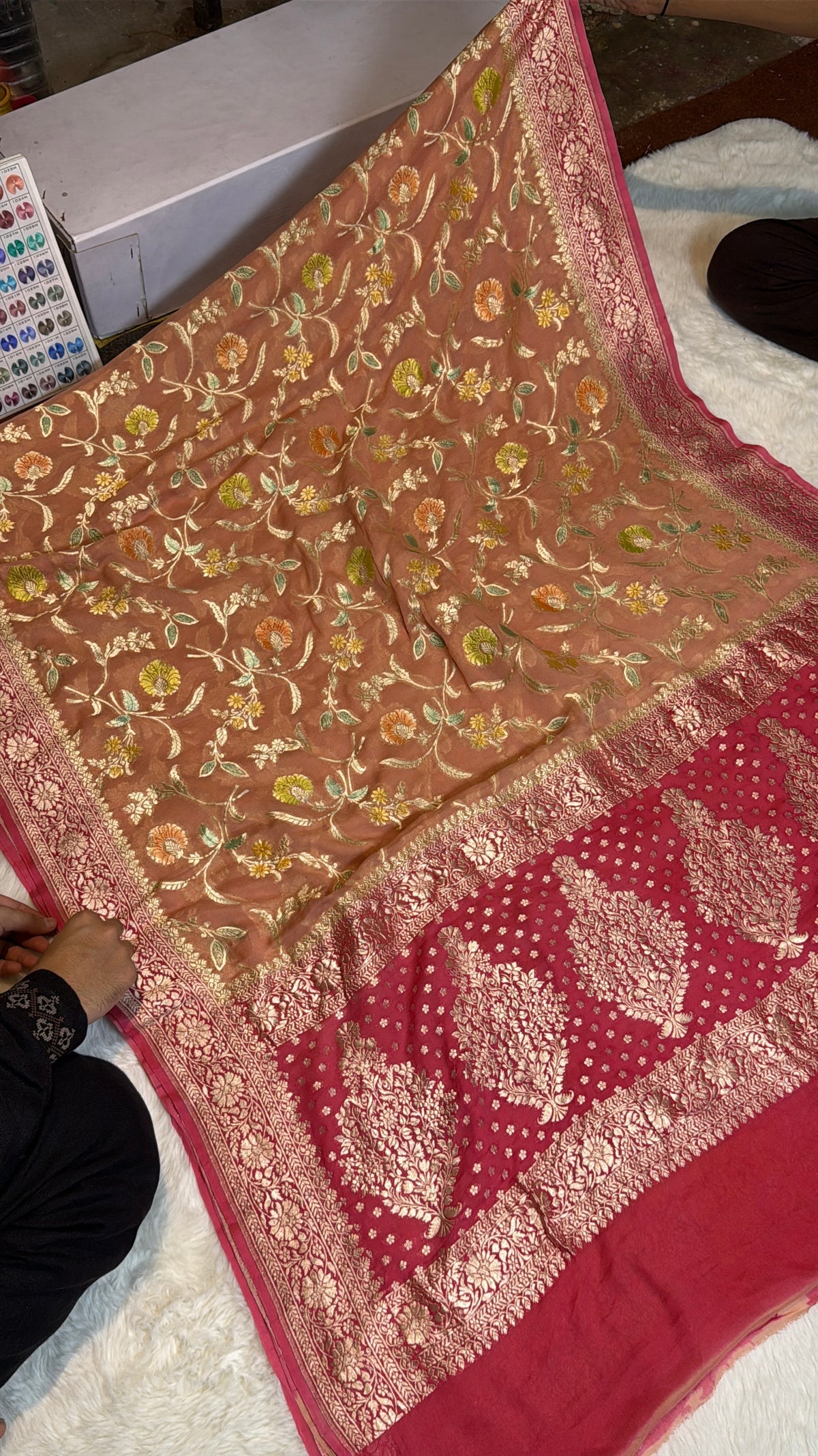 Rangkat X Minakari Original Platinum Zari Pure Khaddi Georgette Double Zari Saree