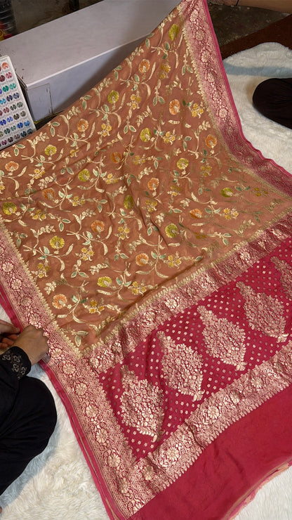Rangkat X Minakari Original Platinum Zari Pure Khaddi Georgette Double Zari Saree