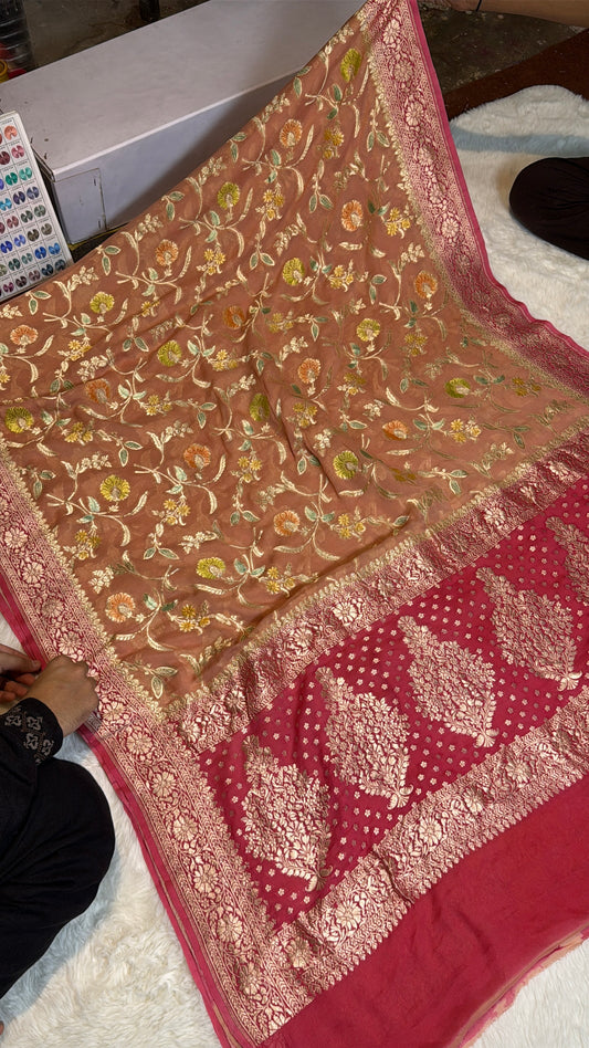 Rangkat X Minakari Original Platinum Zari Pure Khaddi Georgette Double Zari Saree