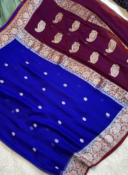 100% Pure Banarasi Khaddi Chiffon Silver Zari Kadwa Buti Handloom Royal Blue with Maroon Color