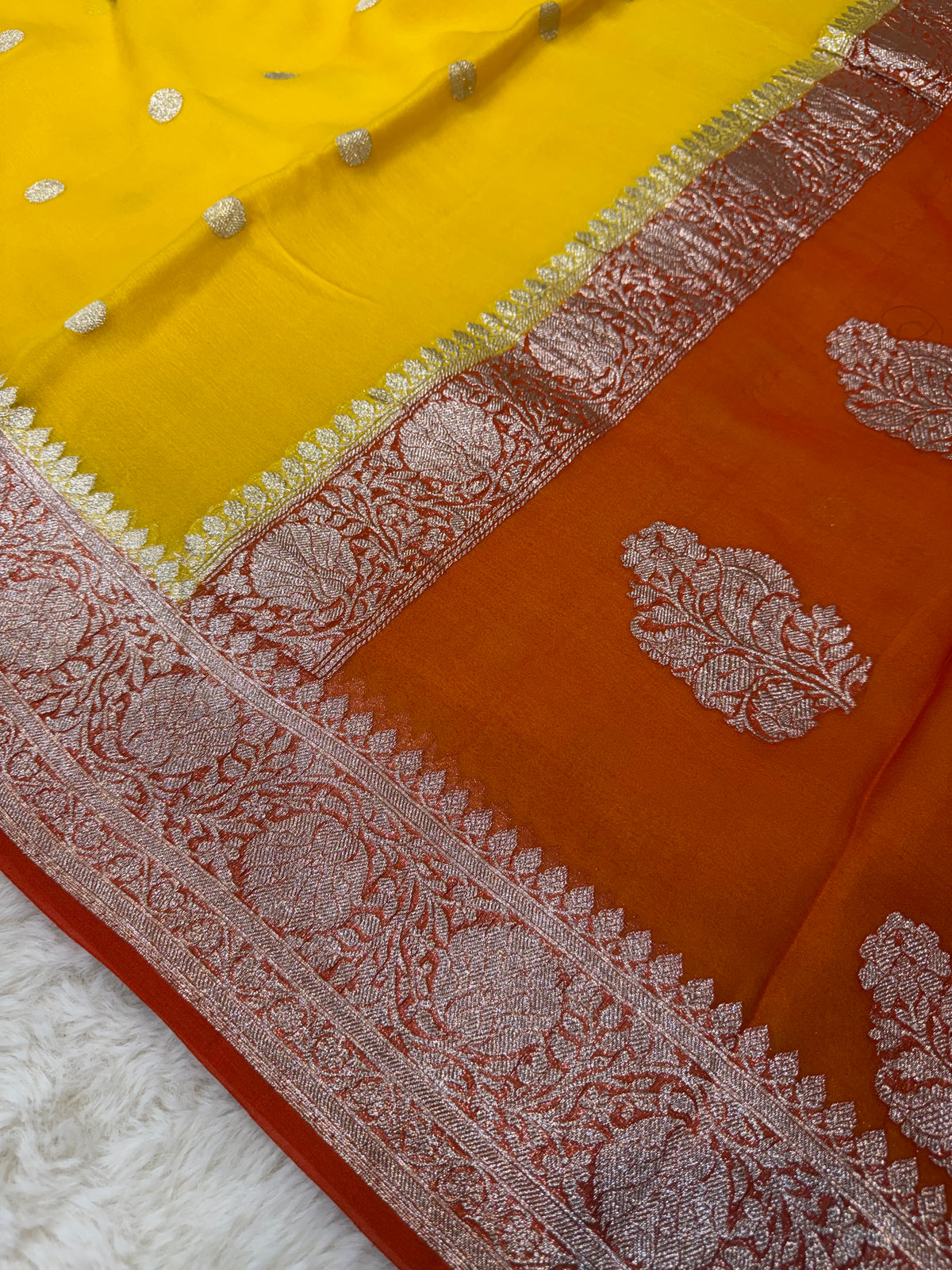100% Pure Banarasi Khaddi Chiffon Silver Zari Kadwa Buti Handloom Yellow with Orange Color