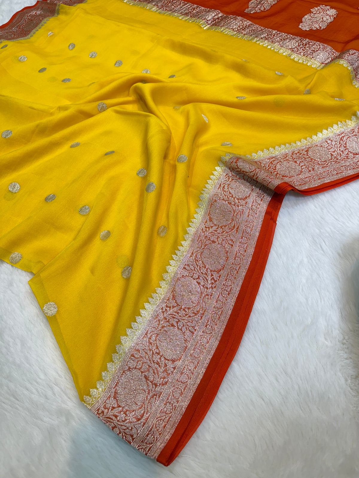 100% Pure Banarasi Khaddi Chiffon Silver Zari Kadwa Buti Handloom Yellow with Orange Color