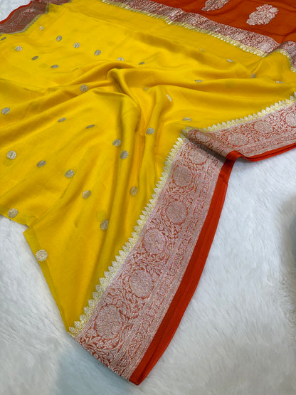 100% Pure Banarasi Khaddi Chiffon Silver Zari Kadwa Buti Handloom Yellow with Orange Color