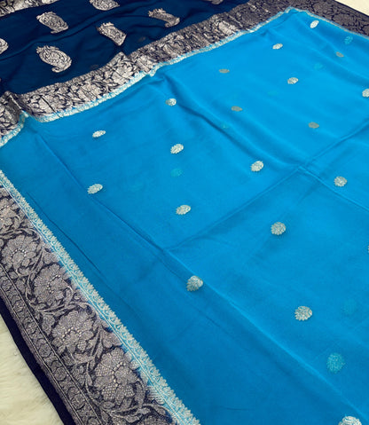 100% Pure Banarasi Khaddi Chiffon Silver Zari Kadwa Buti Handloom Indigo with Firozi Color