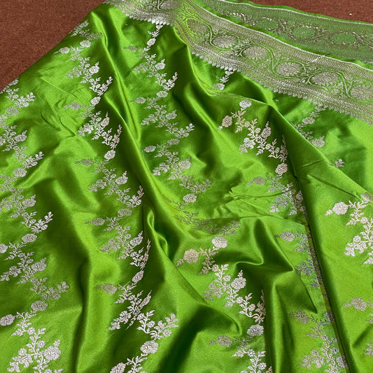 Parrot Green Silky Mashru Silk Saree