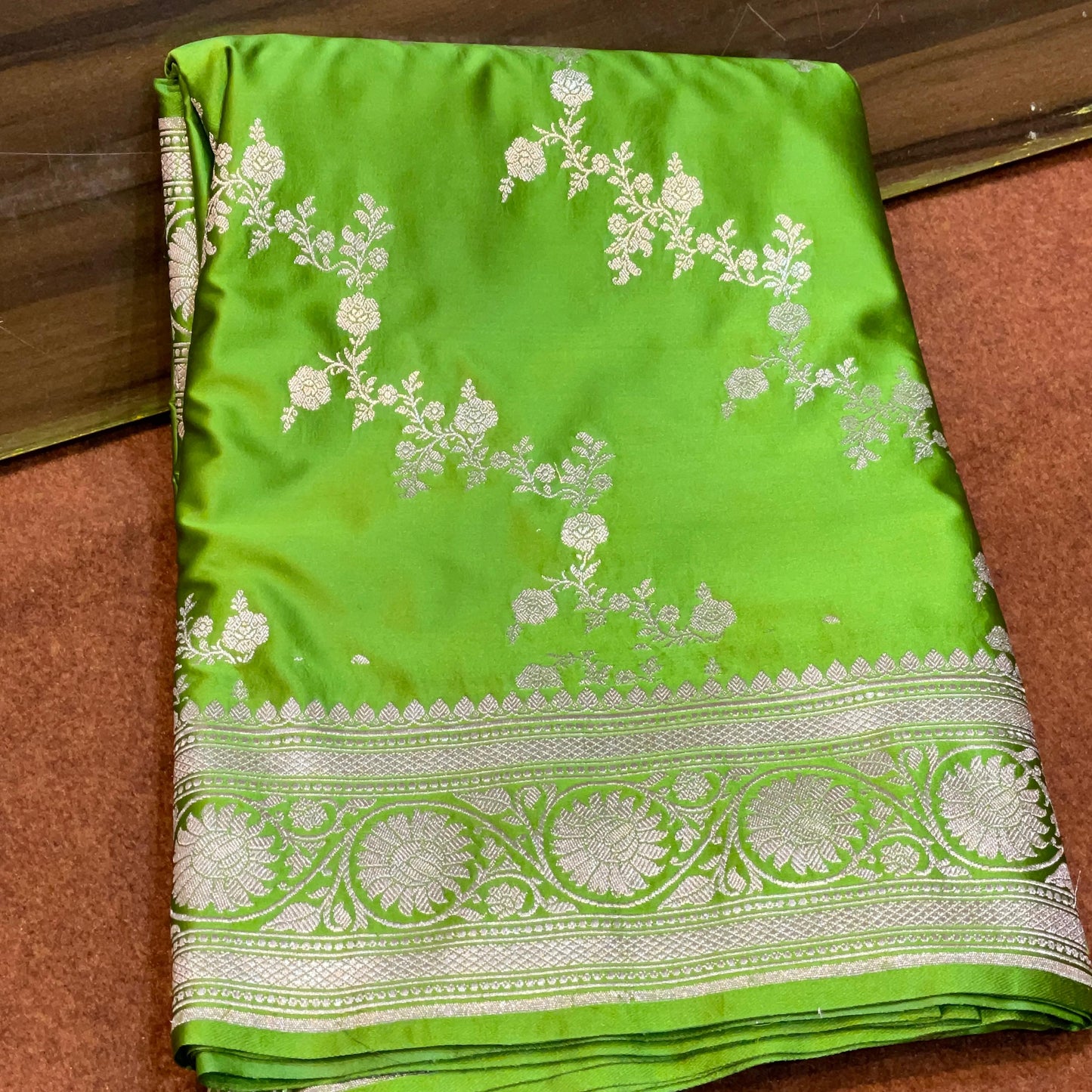 Parrot Green Silky Mashru Silk Saree