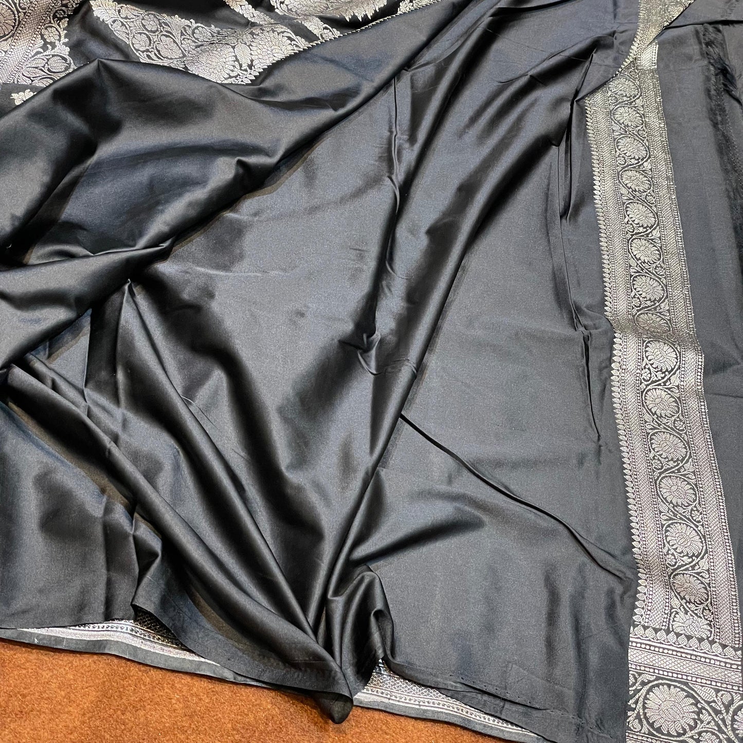 Fully Black Silverish Zari Mashru Silk Saree