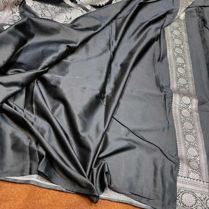 Fully Black Silverish Zari Mashru Silk Saree