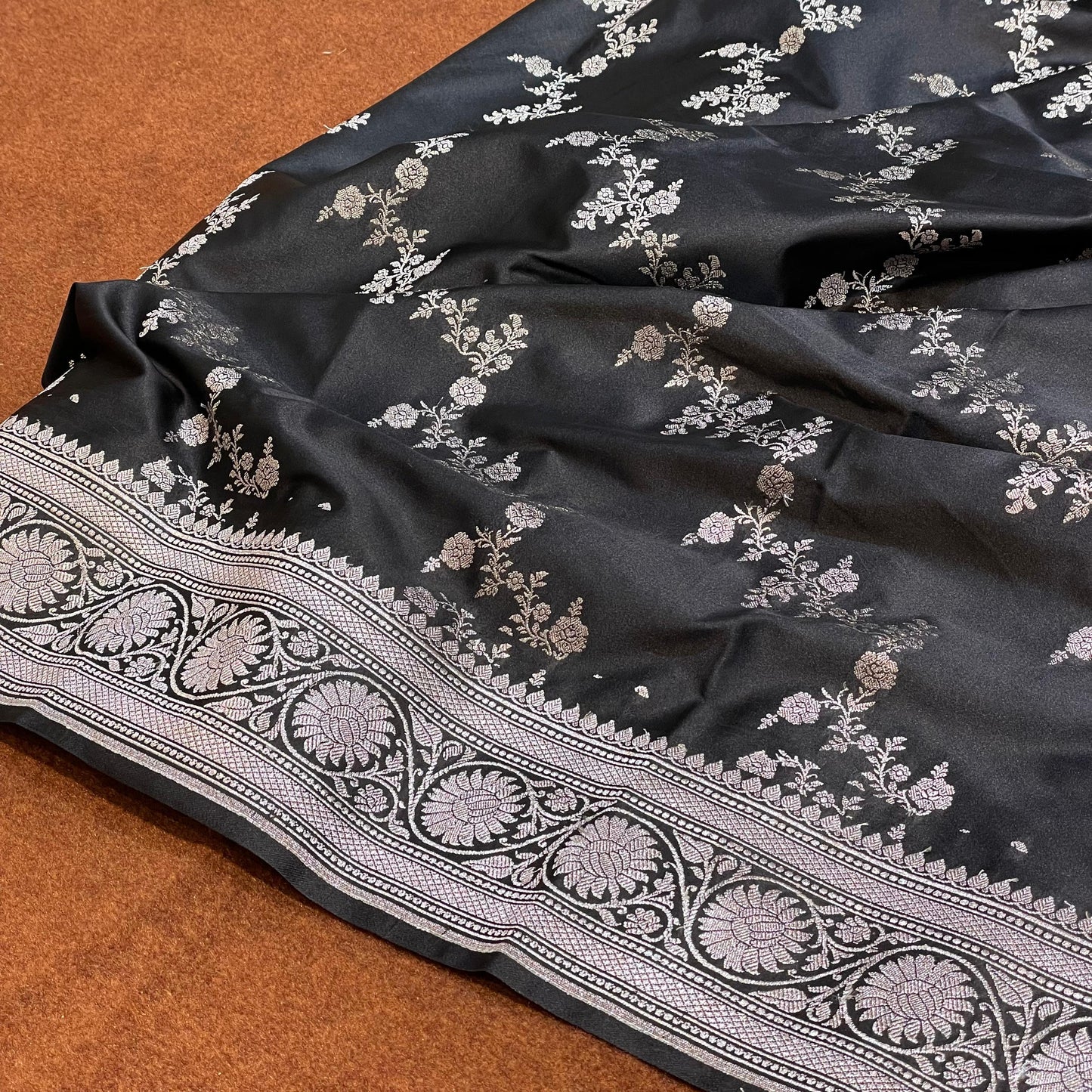 Fully Black Silverish Zari Mashru Silk Saree