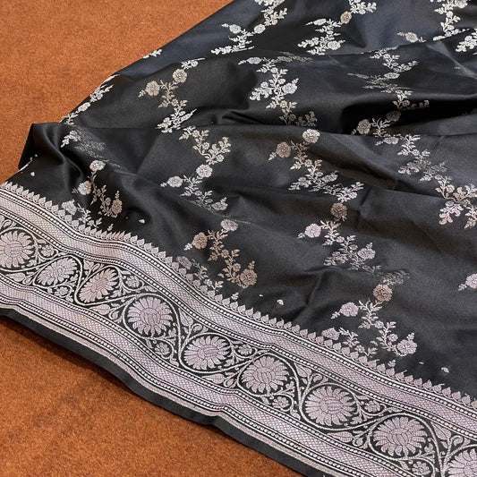 Fully Black Silverish Zari Mashru Silk Saree