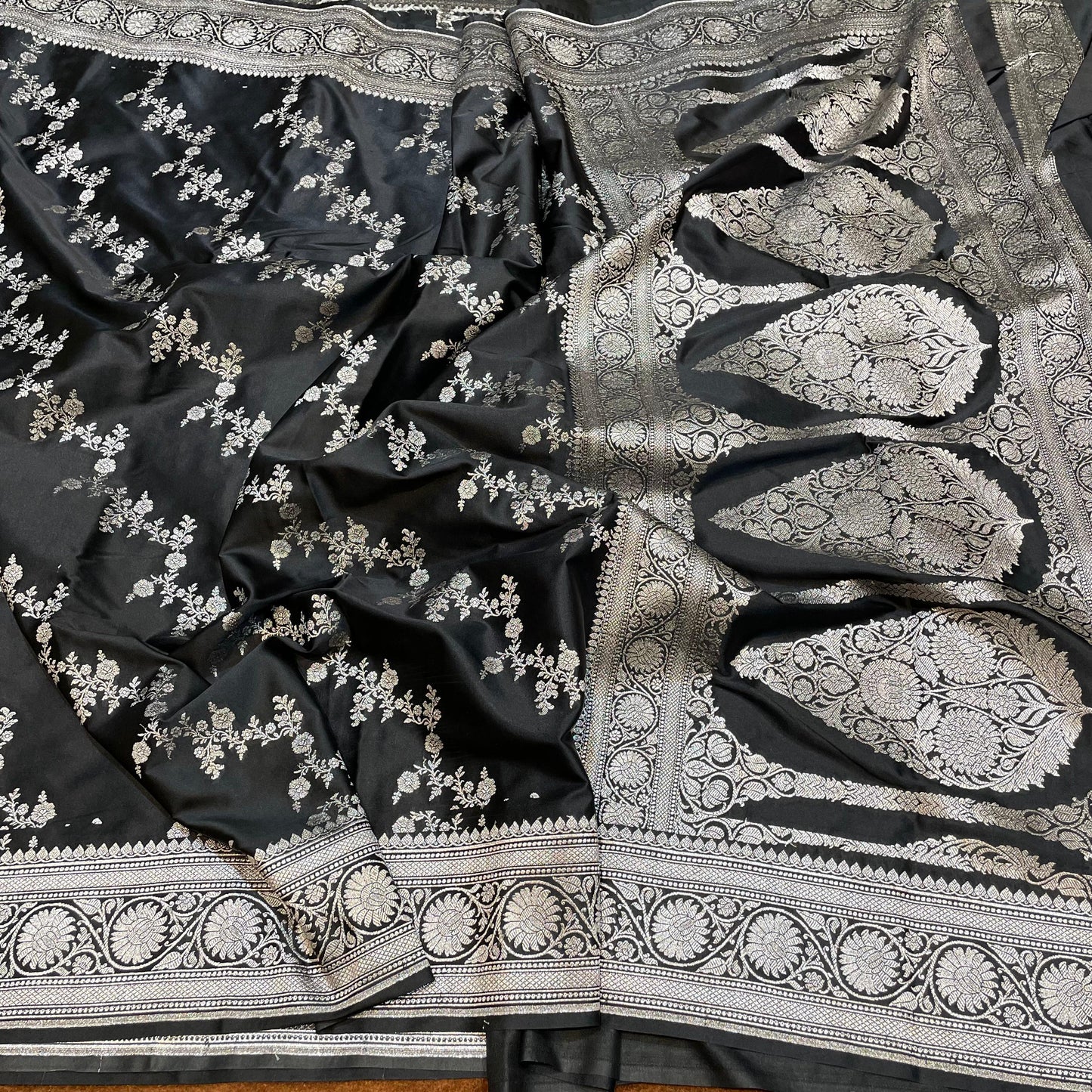 Fully Black Silverish Zari Mashru Silk Saree