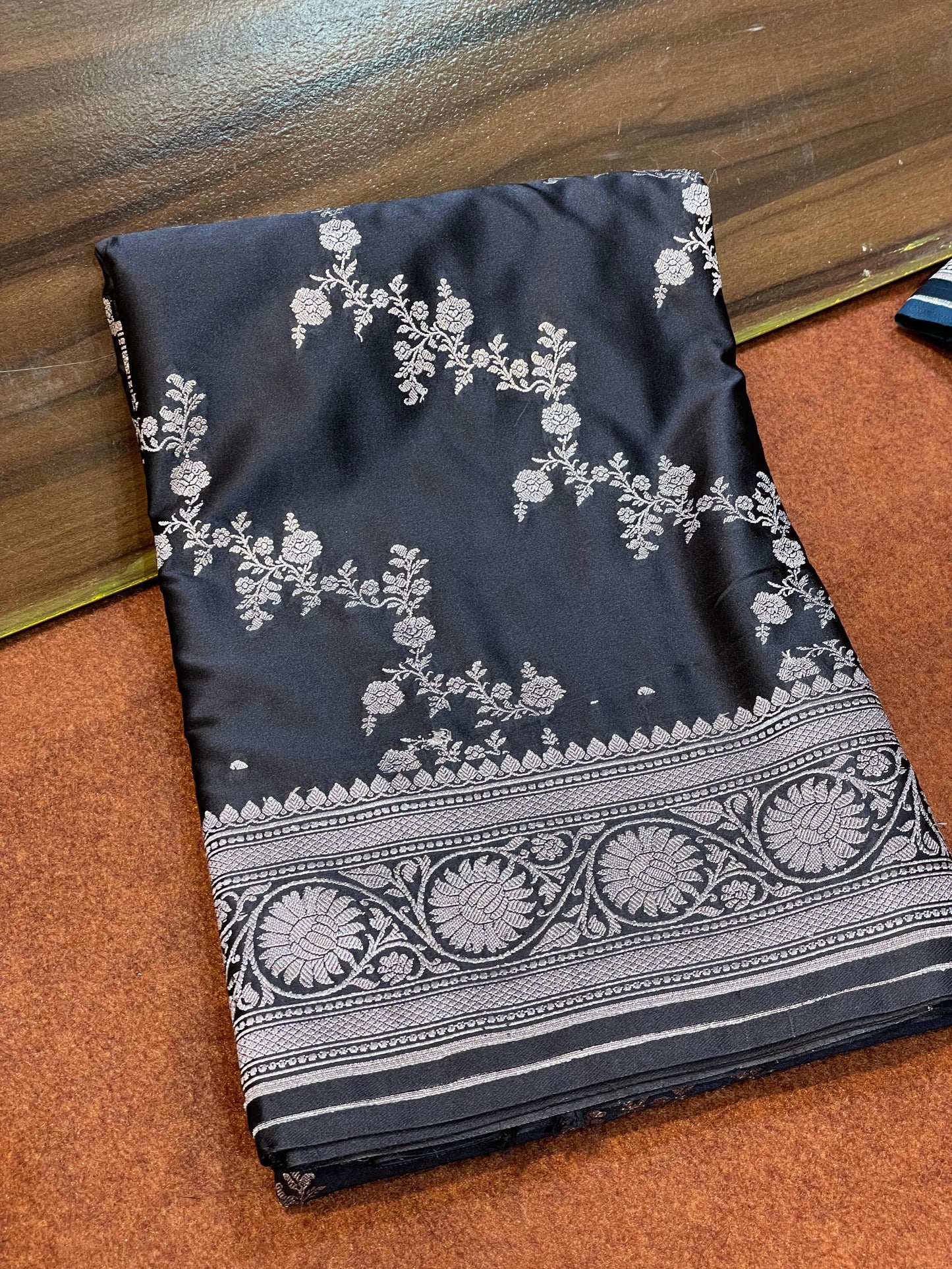 Fully Black Silverish Zari Mashru Silk Saree