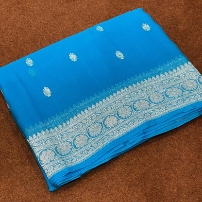100% Pure Banarasi Khaddi Chiffon Silver Zari Kadwa Buti Handloom Saree