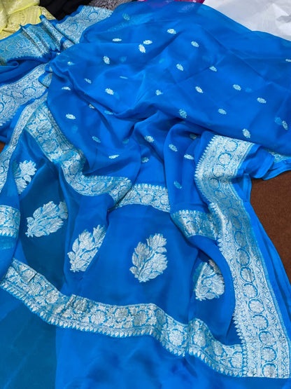 100% Pure Banarasi Khaddi Chiffon Silver Zari Kadwa Buti Handloom Saree