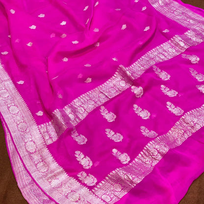 100% Pure Banarasi Khaddi Chiffon Silver Zari Kadwa Buti Handloom Saree