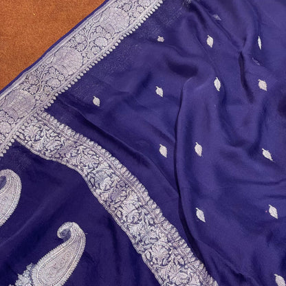 100% Pure Banarasi Khaddi Chiffon Silver Zari Kadwa Buti Handloom Saree