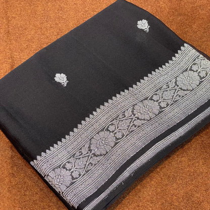 100% Pure Banarasi Khaddi Chiffon Silver Zari Kadwa Buti Handloom Saree