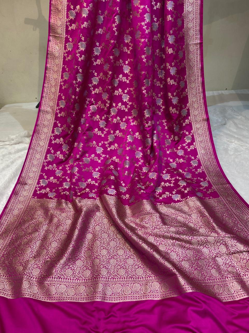 Mashru Silk Saree Rani Pink Sona Rupa Zari Buta Border