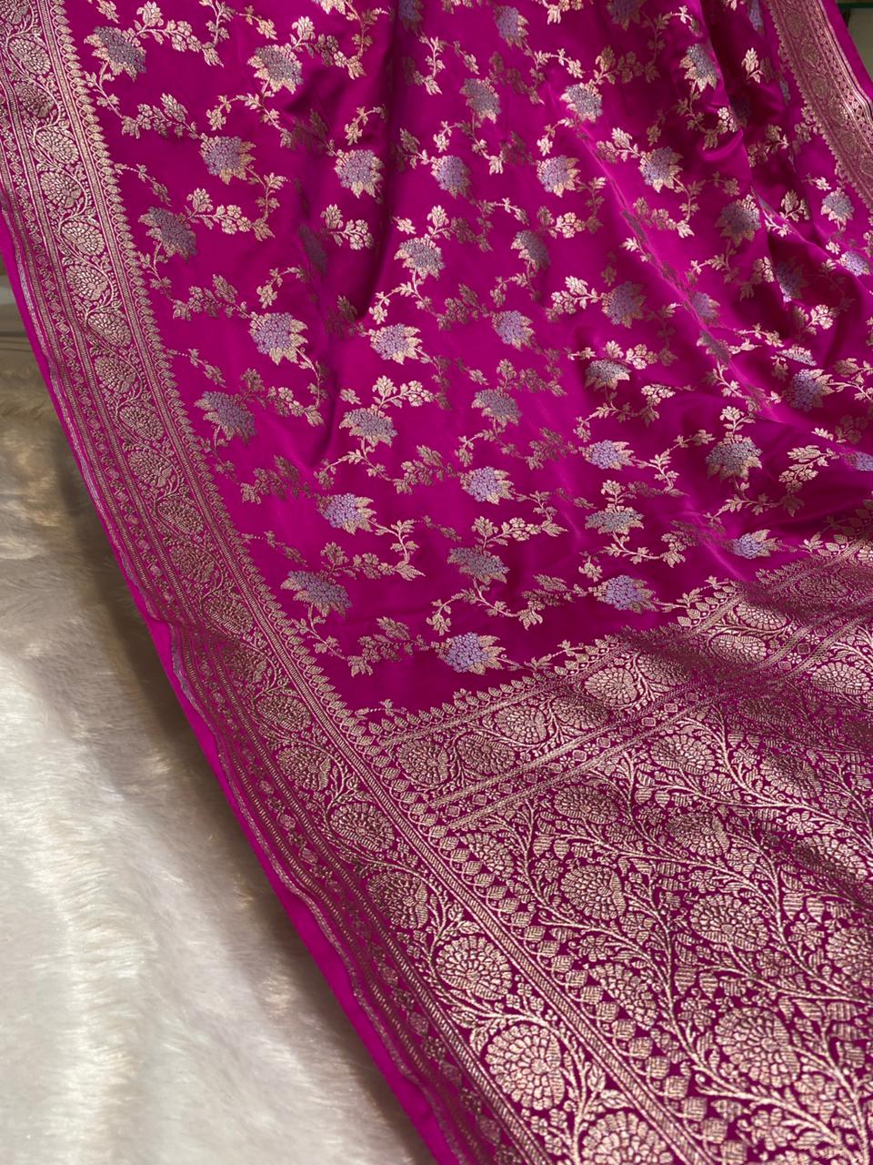 Mashru Silk Saree Rani Pink Sona Rupa Zari Buta Border