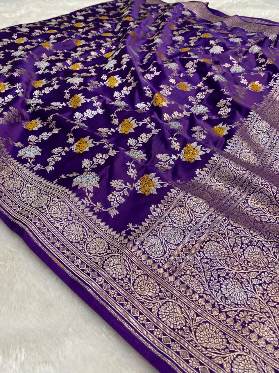 Mashru Silk Saree Deep Purple Sona Rupa Zari Buta Border