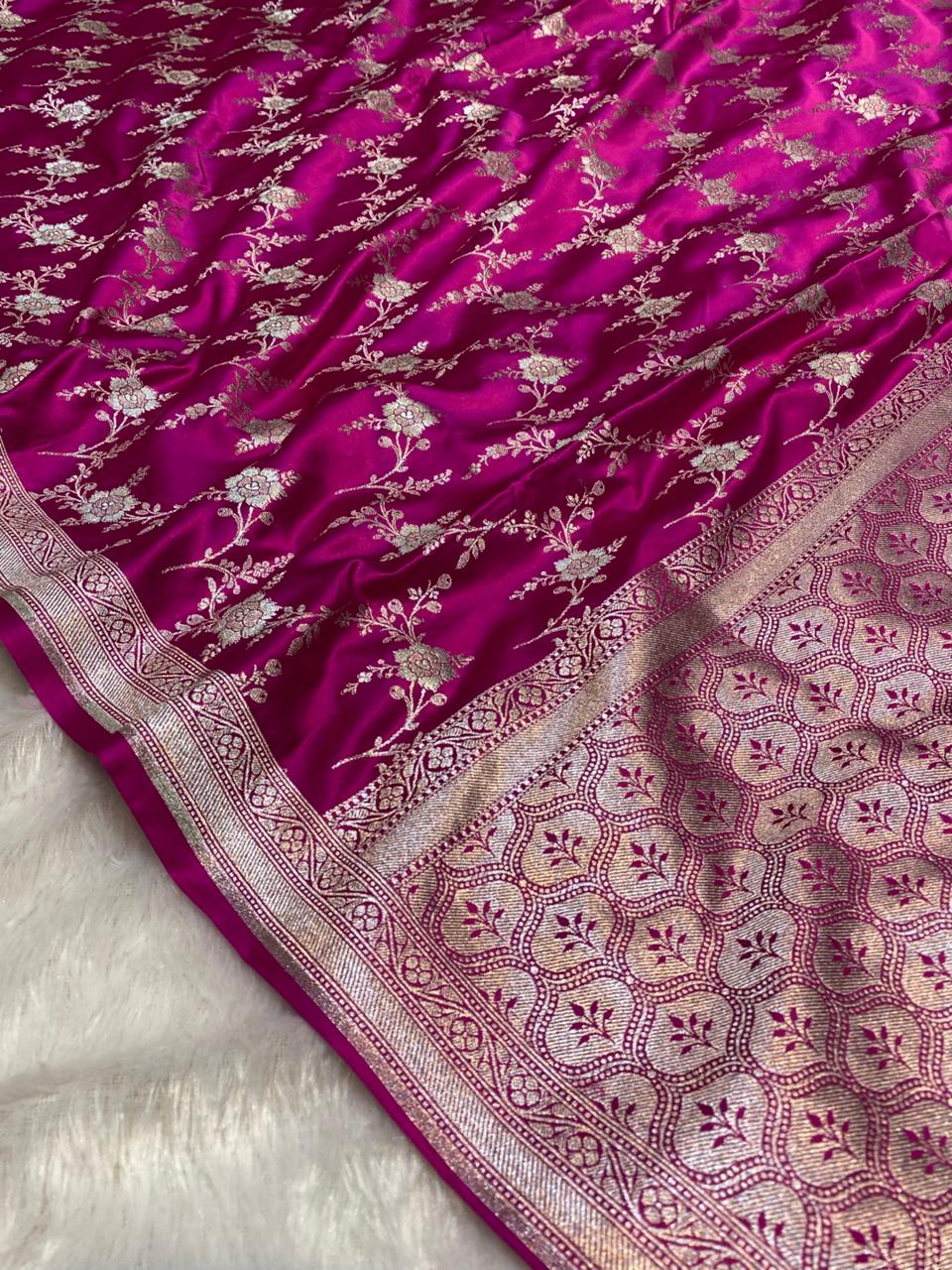Mashru Silk Saree Rani Pink Sona Rupa Zari Buta Border